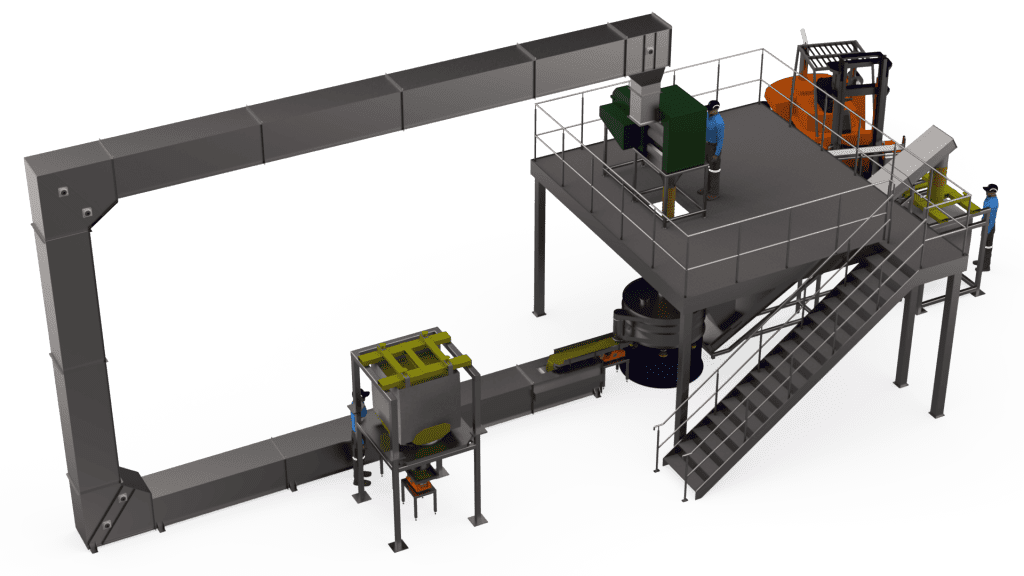 Gough 3D model of a bucket elevator conveying system.
