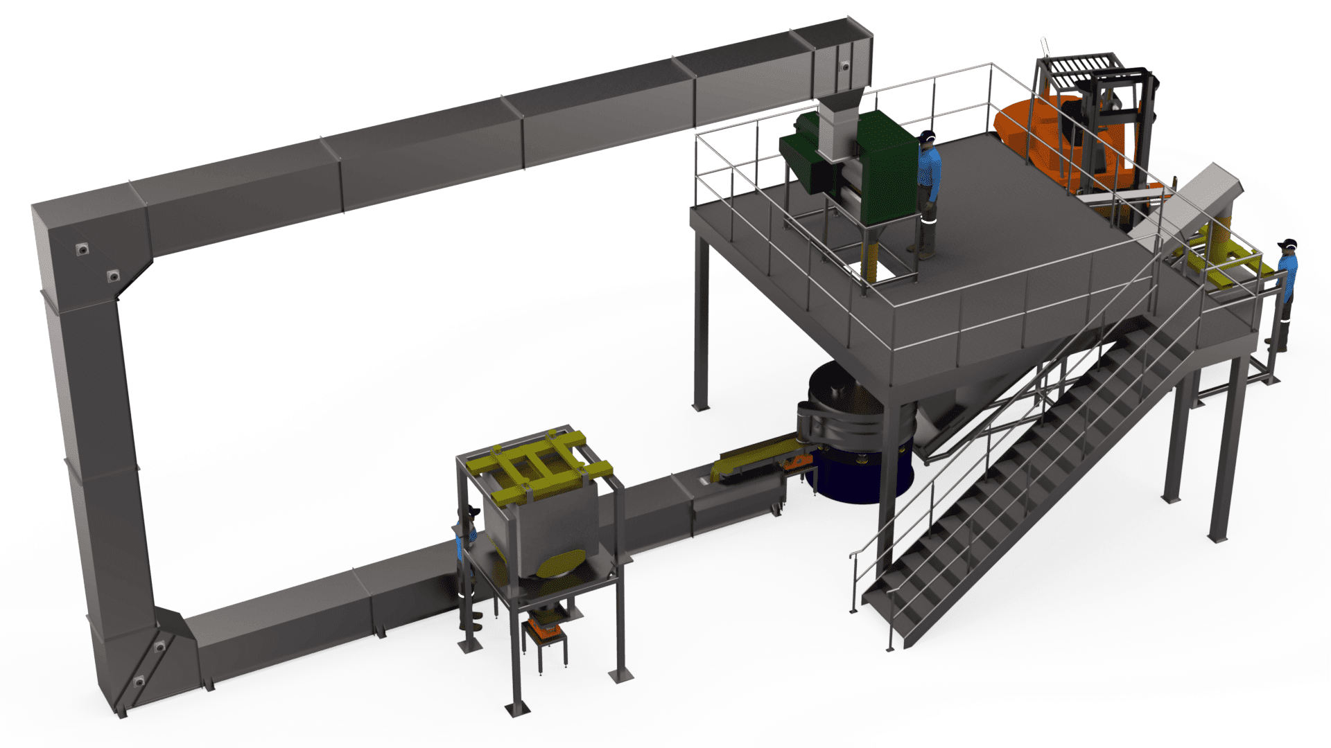 Gough 3D model of a bucket elevator conveying system.