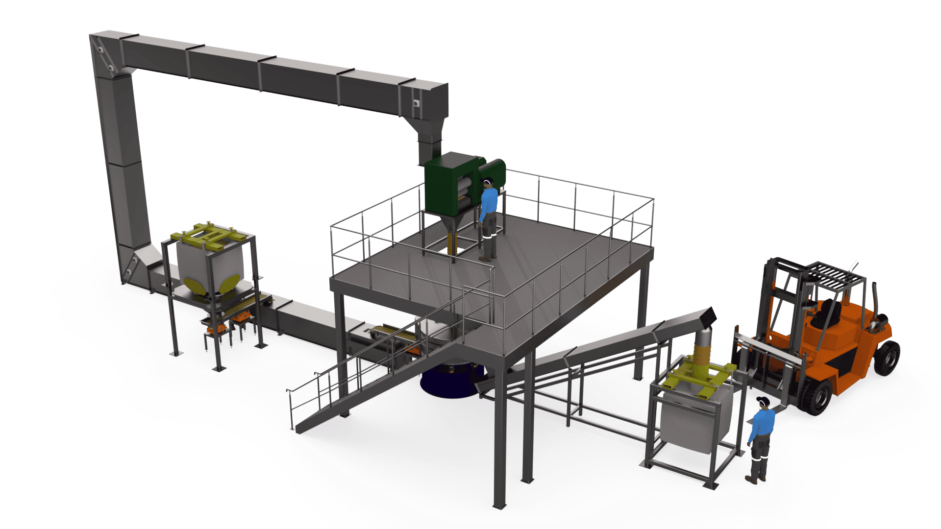 Gough 3D model of a bucket elevator conveying system.