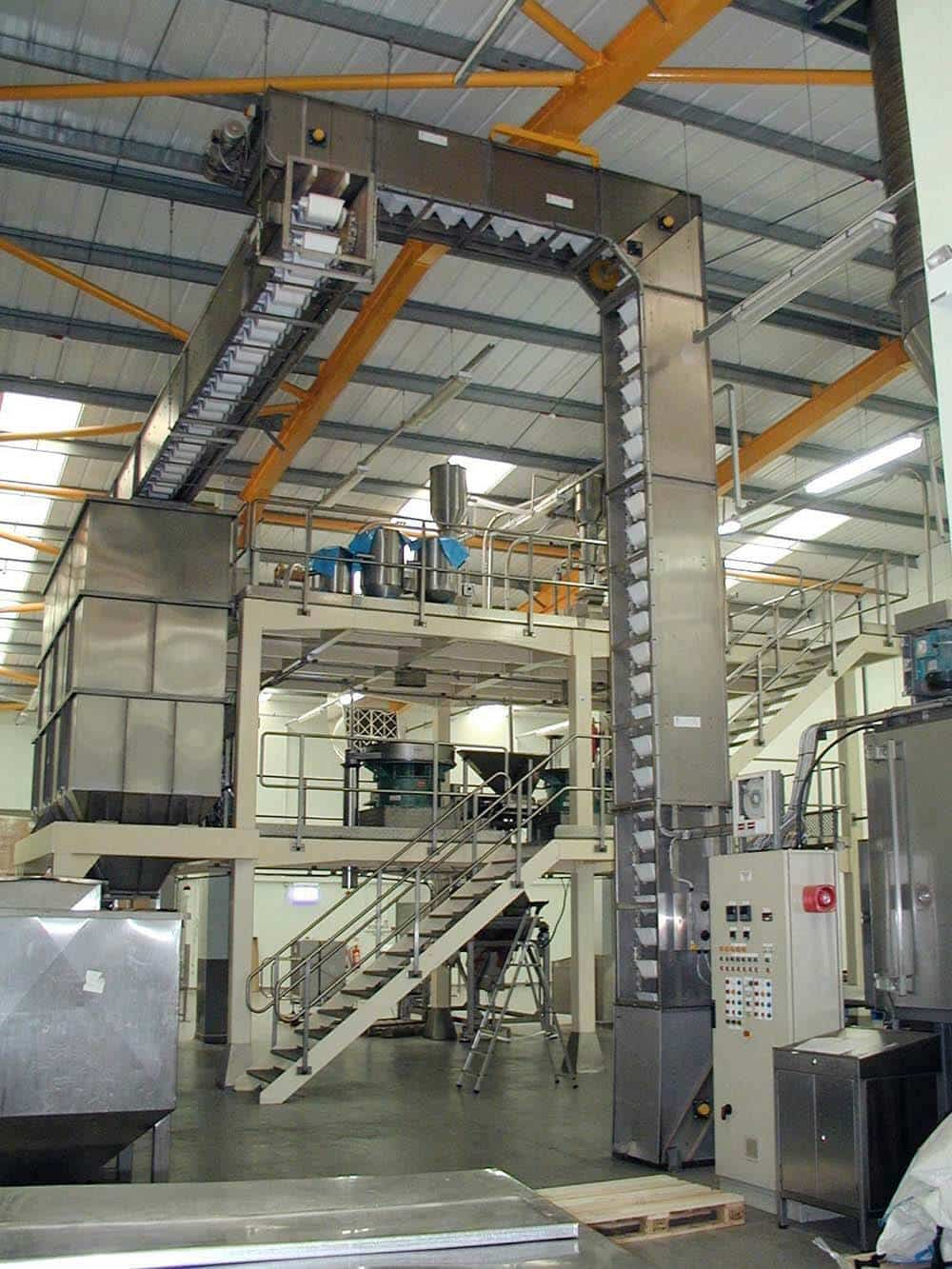 Stainless steel bucket elevator and cross conveying system.