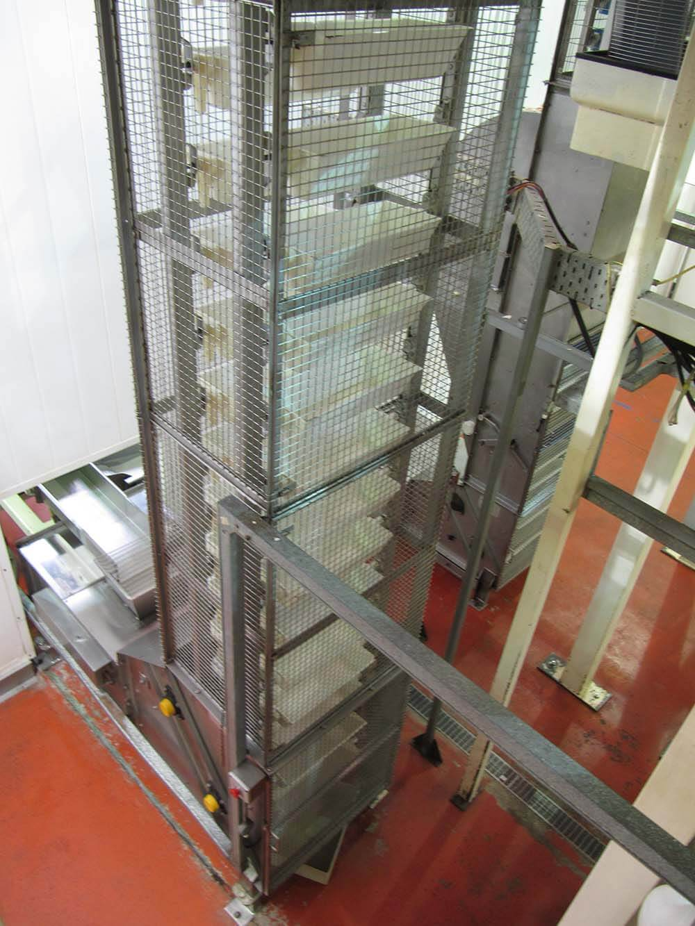 Bucket elevator with mesh covers.